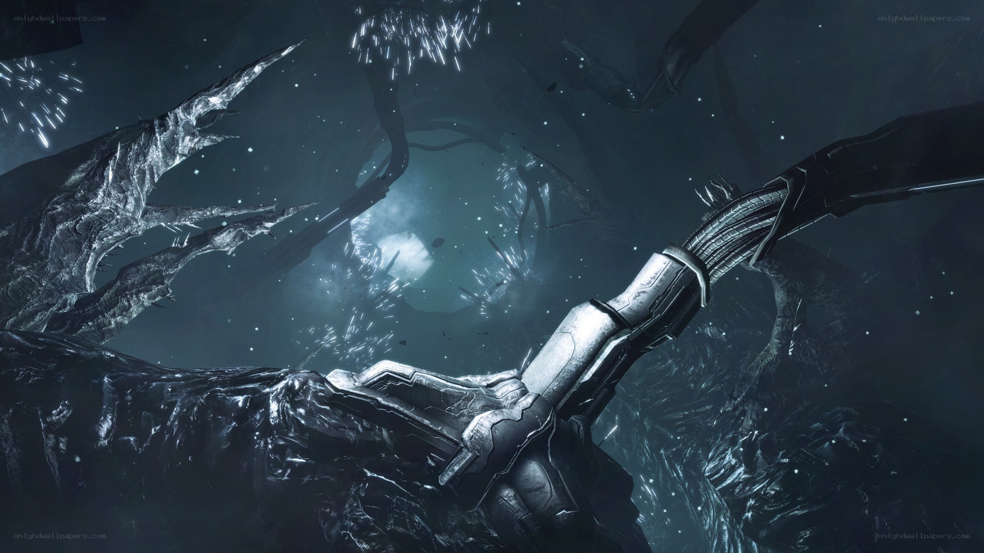 sci-fi weapon in dark cavern
