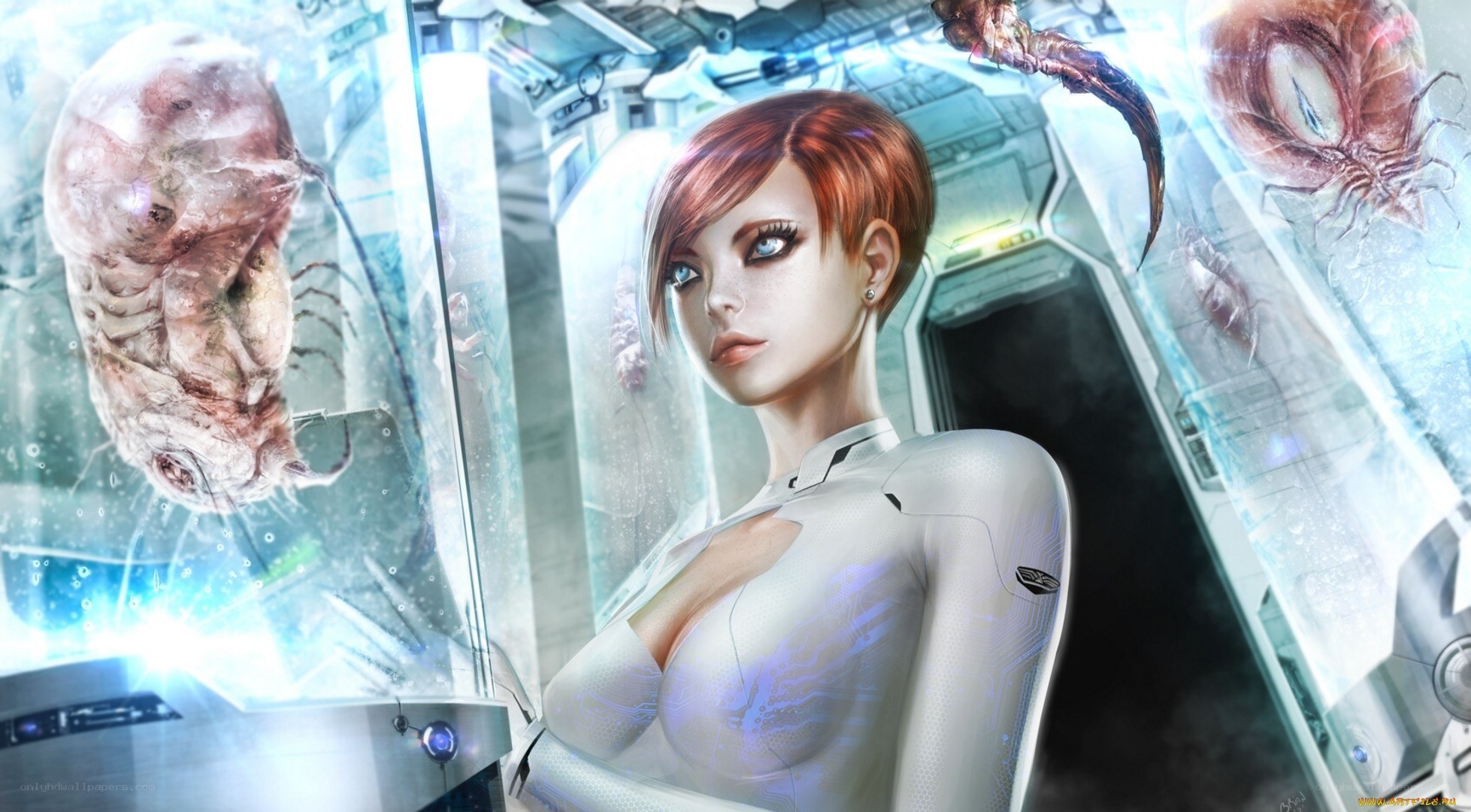 sci-fi woman in lab with alien creatures