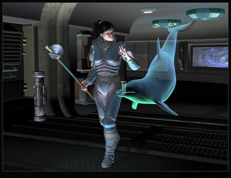 sci-fi woman with dolphin hologram