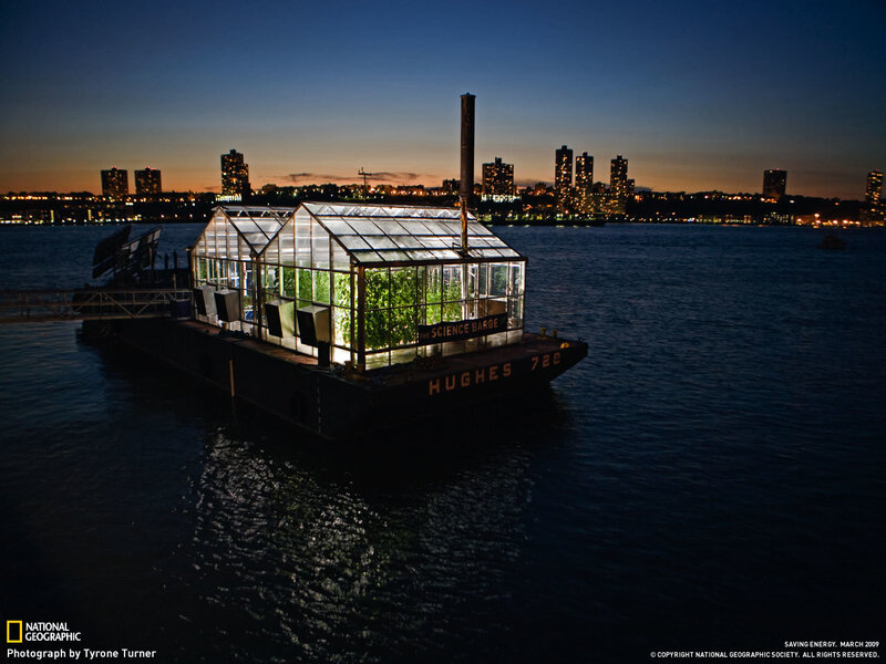 Science barge on a river