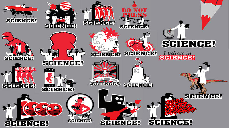 science-themed stickers collage