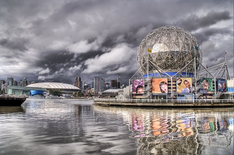 Science World under stormy sky