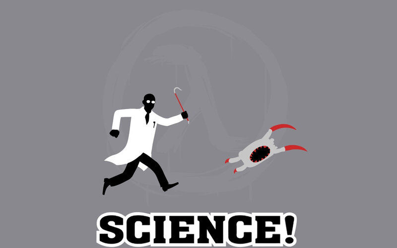 Scientist Chasing Monster — Gray, Dramatic