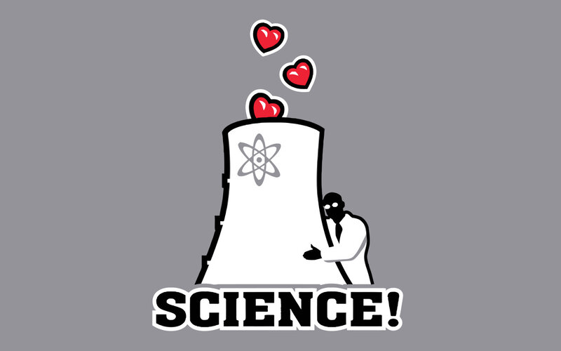 Scientist Hugging Reactor — Gray, Playful, Vector Art, Heart, Atom Symbol
