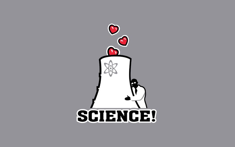 Scientist Hugging Reactor — Gray, Playful, Vector Art, Heart