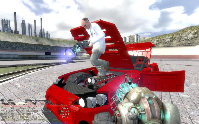 scientist in red vehicle