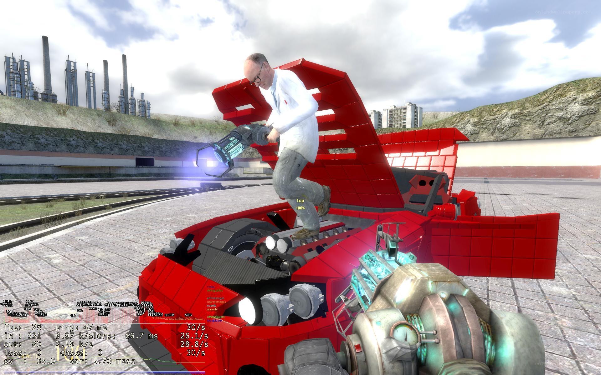 scientist in red vehicle