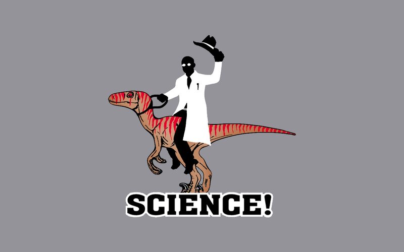 Scientist Riding Dinosaur — Gray, Humorous