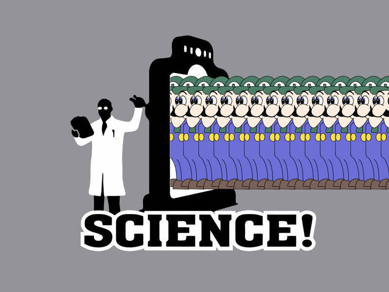 scientist with army of mario clones