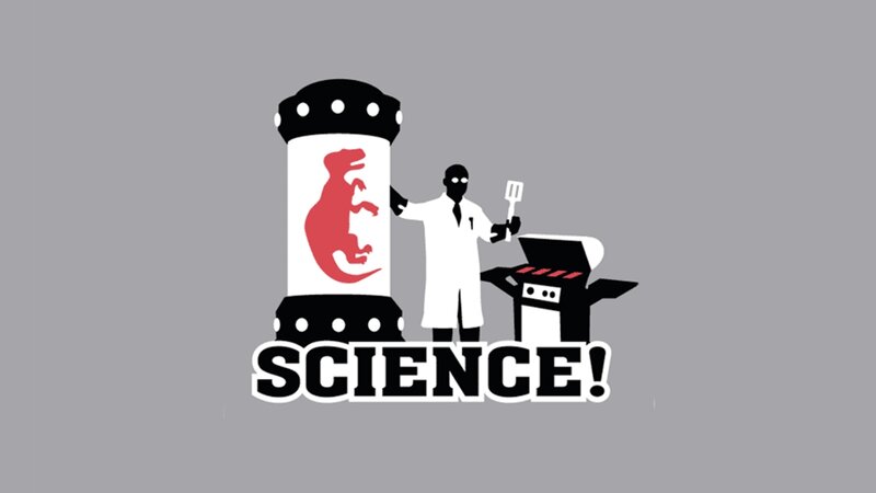 Scientist with Dinosaur — Gray, Humorous