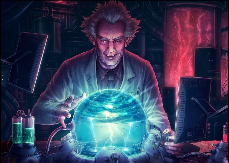 scientist with energy sphere
