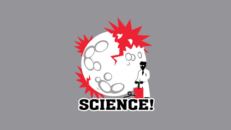 Scientist with Exploding Moon — Gray, Dramatic, Vector Art, Explosion