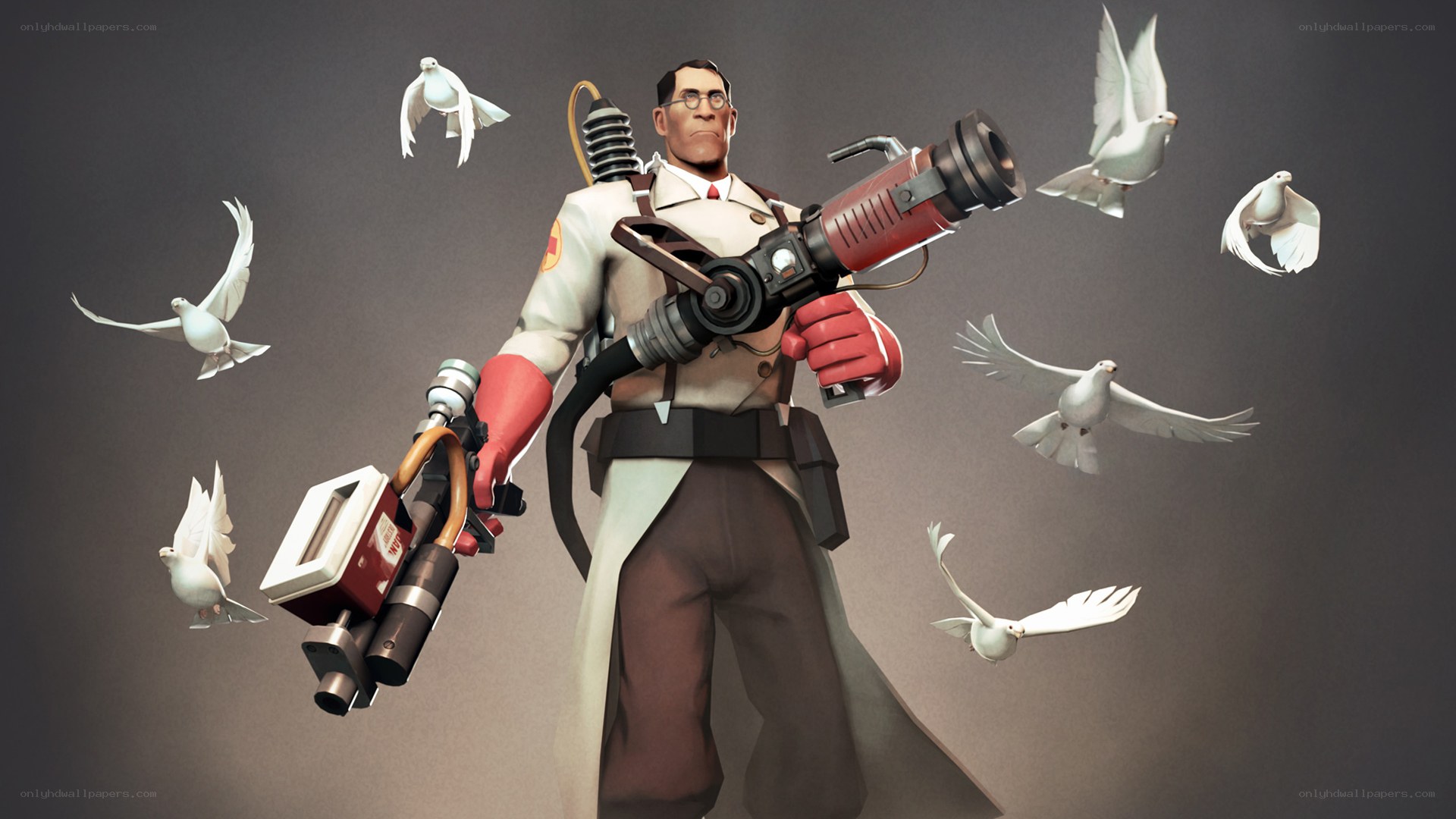 Scientist with flamethrower and doves