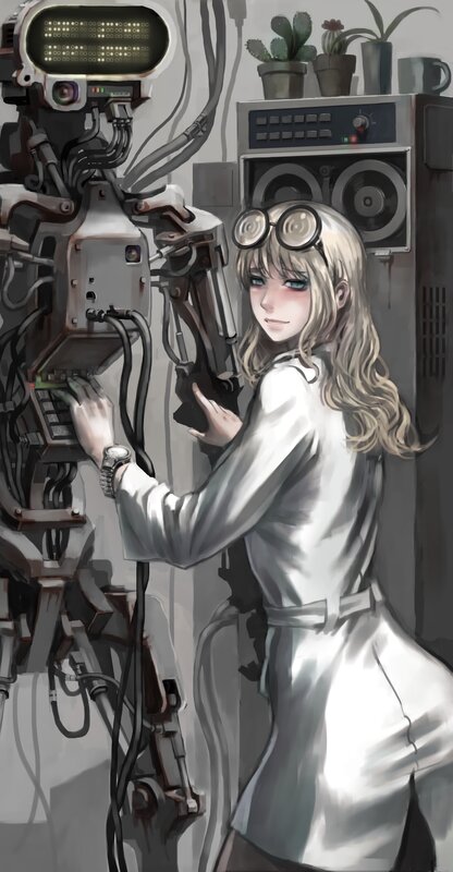 Scientist with Robot — Gray, Dramatic