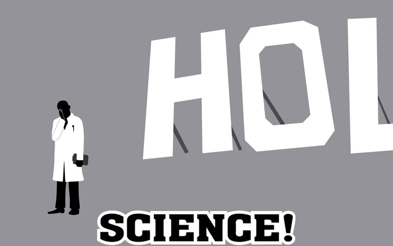scientist with science text