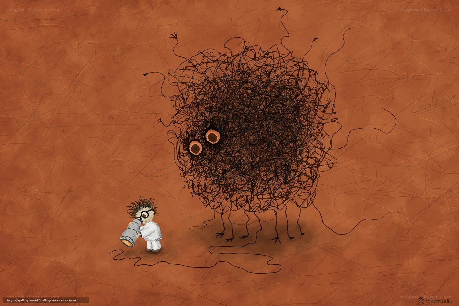 scientist with telescope and monster