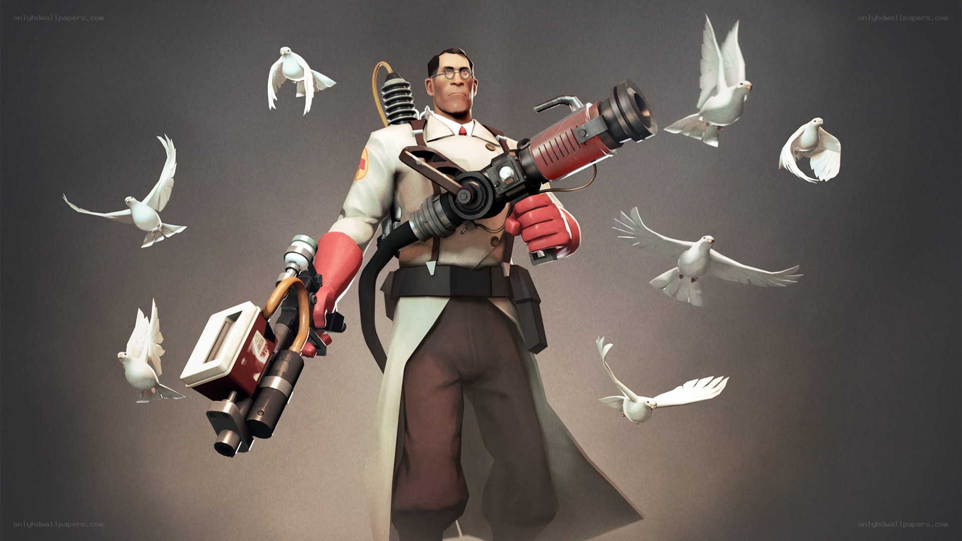 Scientist with weapon and doves