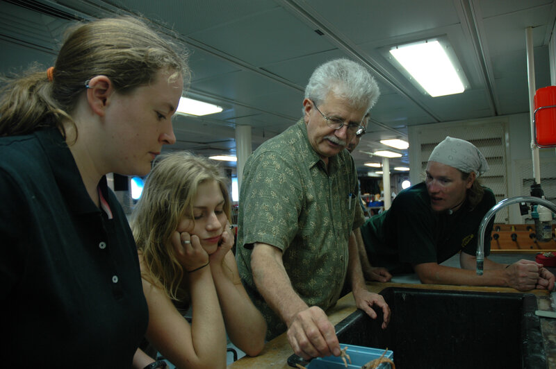 Scientists examining a crab