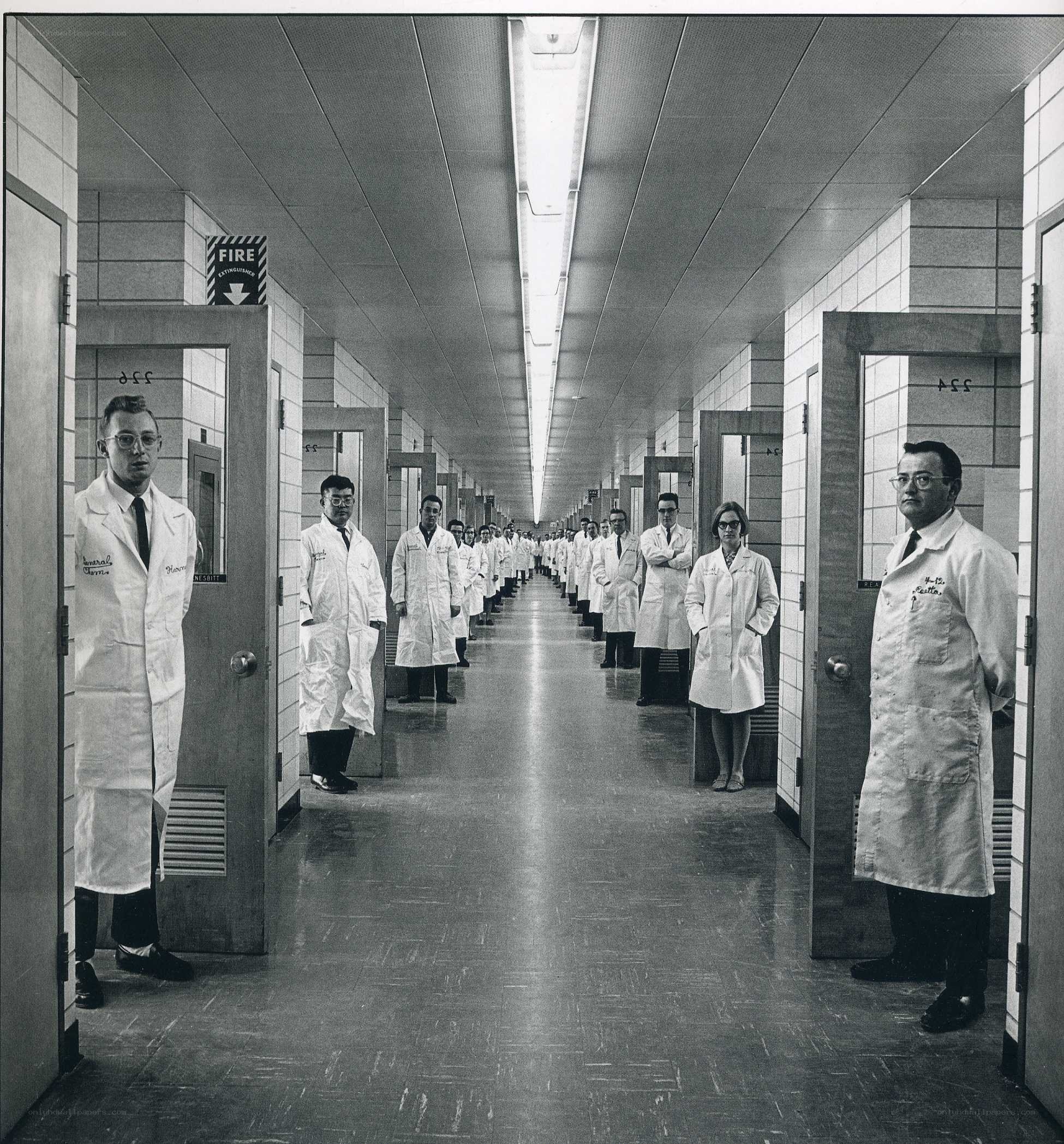 Scientists in a laboratory hallway