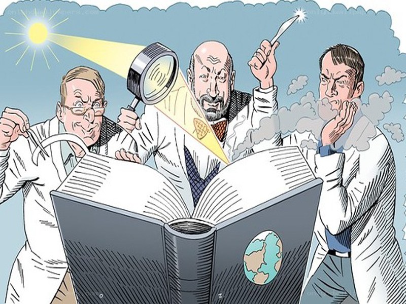 Scientists studying a book