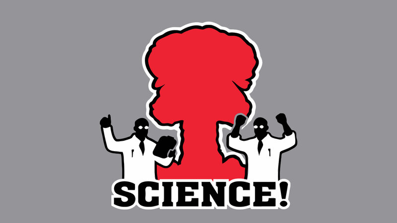 Scientists with Explosion — Gray, Dramatic, Vector Art, Text