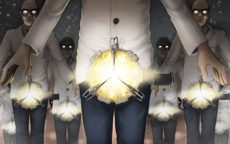 Scientists with glowing devices