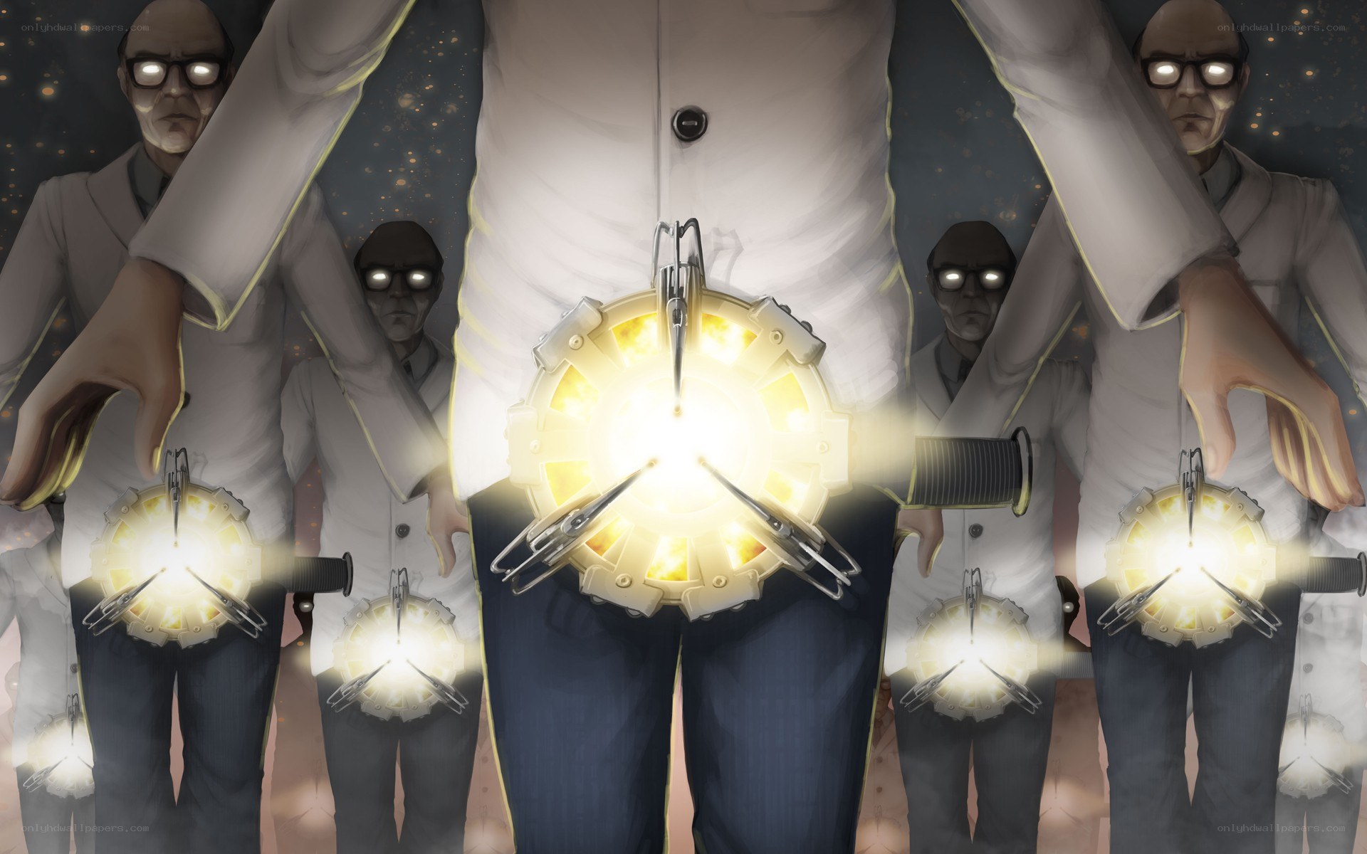 Scientists with glowing devices