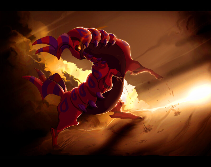 Scolipede in a fiery landscape