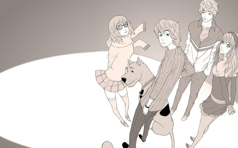 Scooby-Doo gang in monochrome