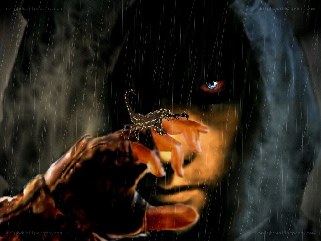 scorpion on hand in rain