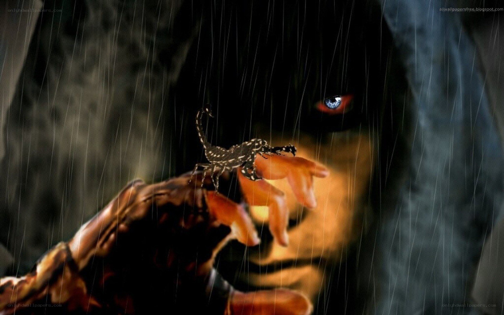 scorpion on hand in rain