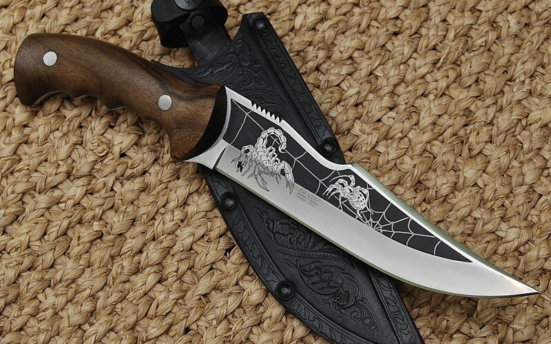 Scorpion-themed knife with wooden handle