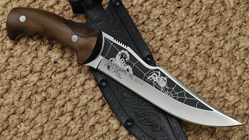 scorpion-themed knife with wooden handle