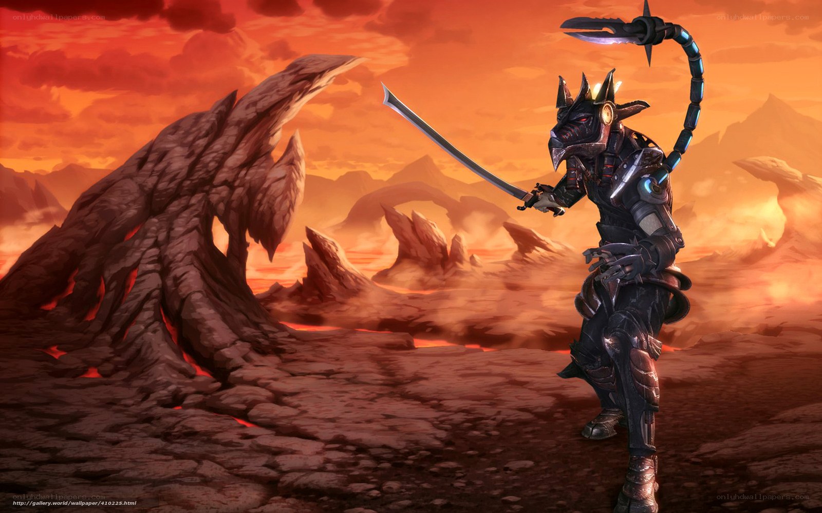 scorpion warrior in a fiery wasteland