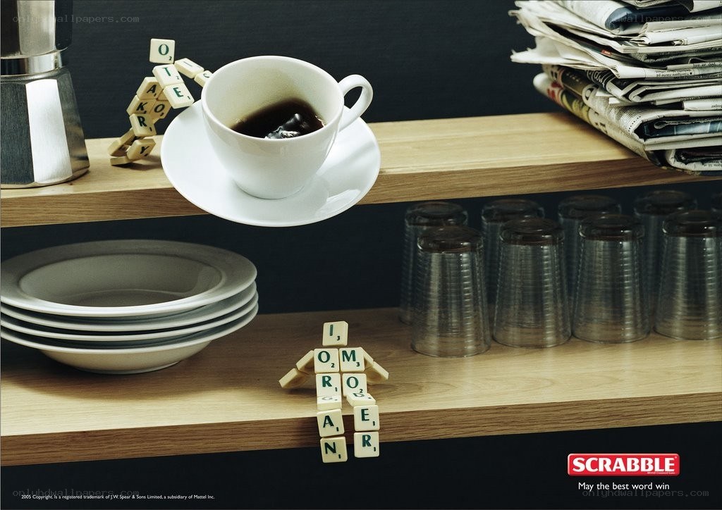 Scrabble ad with coffee and newspaper