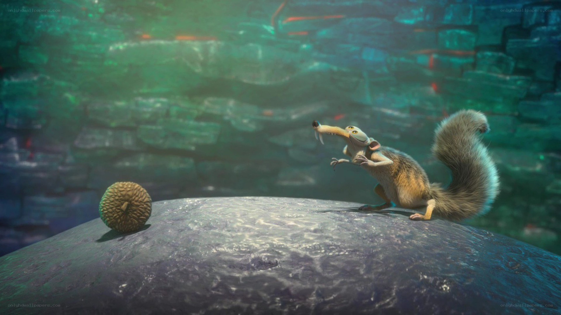 Scrat chases acorn in cave