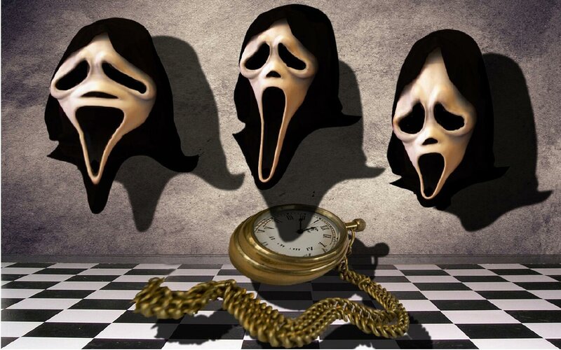Scream masks and pocket watch