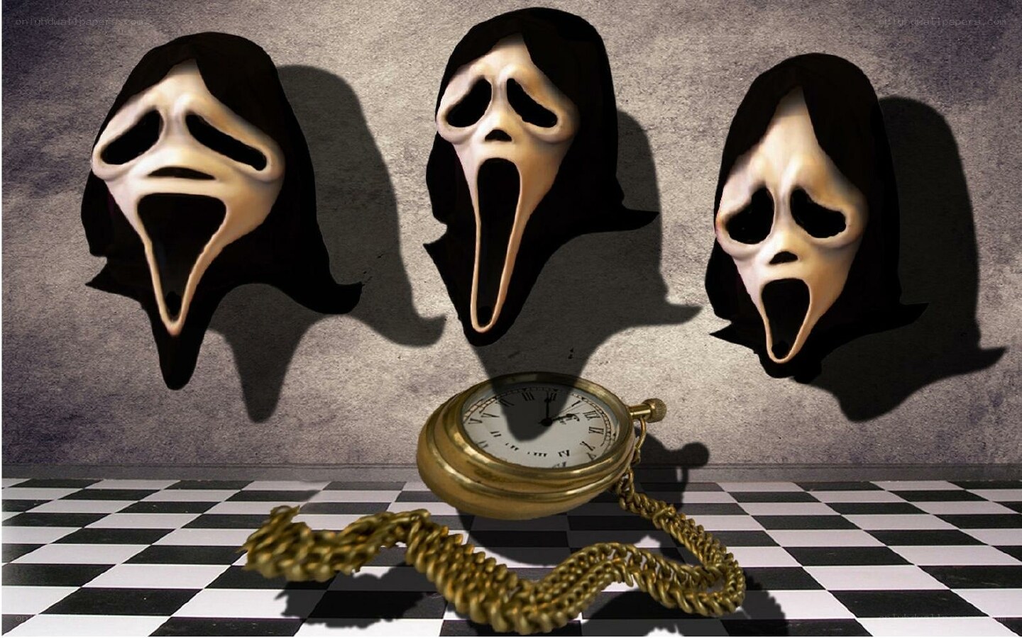Scream masks and pocket watch