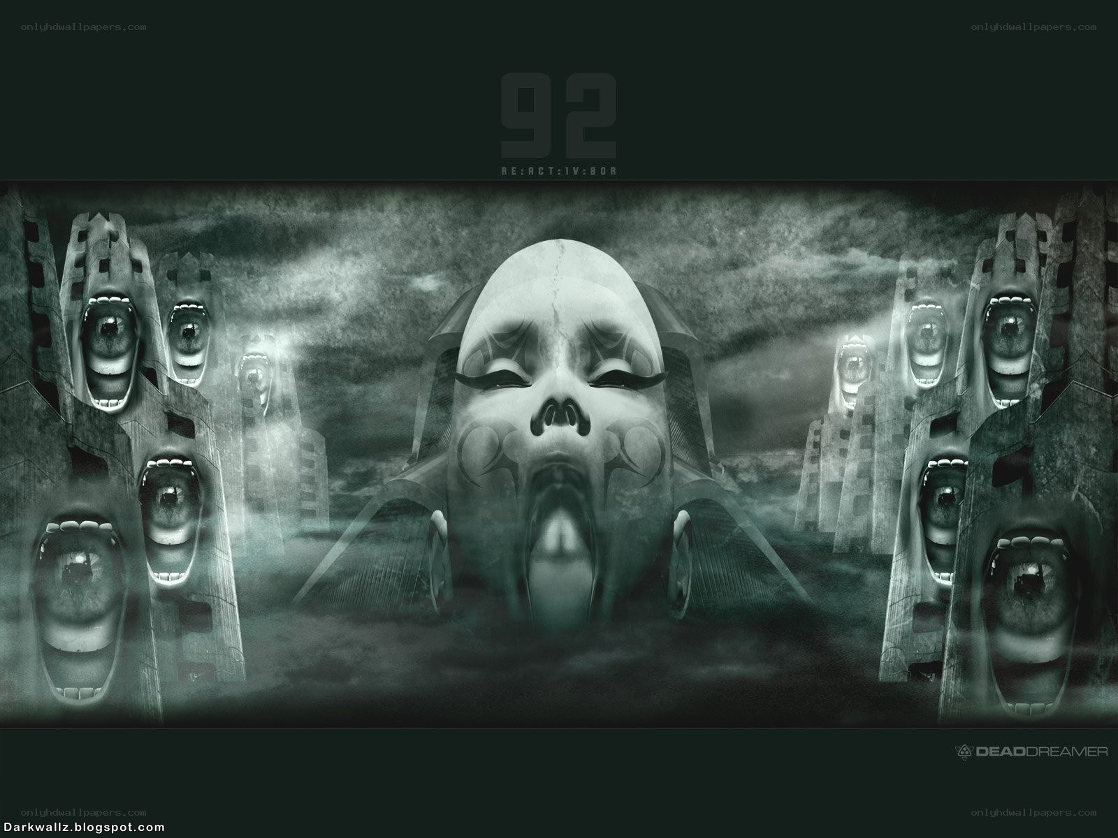 screaming faces in a dark landscape