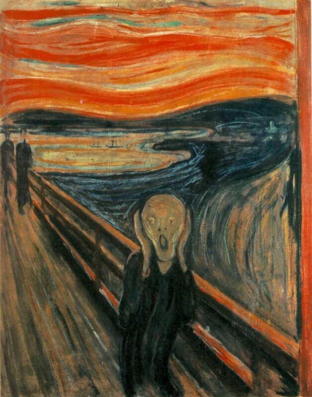 Screaming Figure on Bridge — Red, Dramatic
