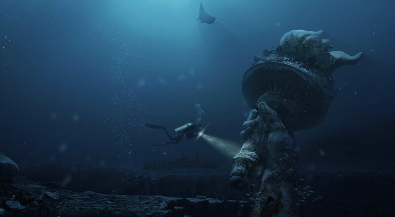 Scuba Diver Exploring Ruins