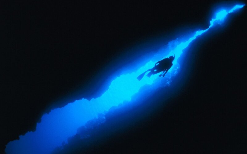 Scuba Diver in Blue Light — Dramatic, Night