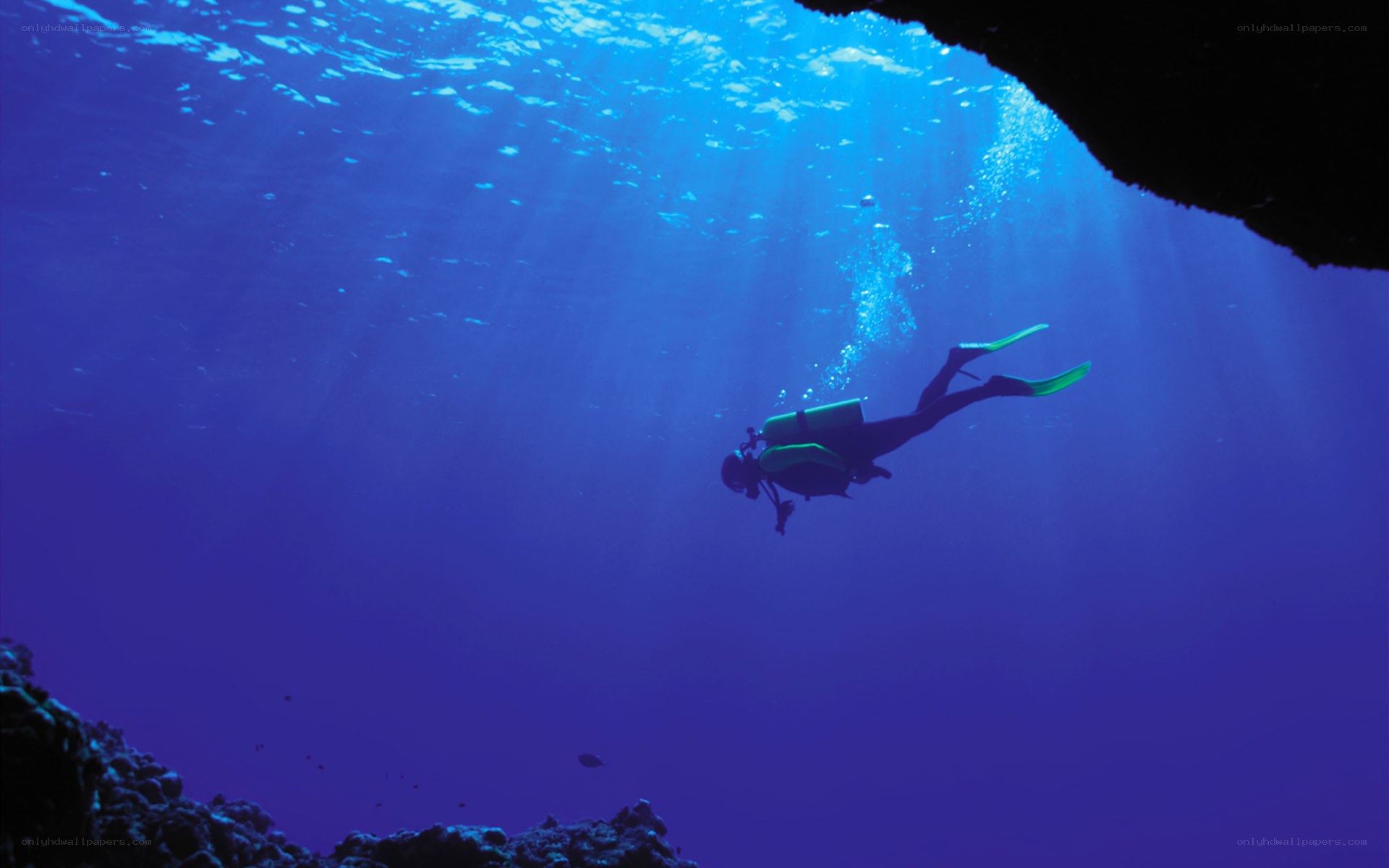 Scuba diver in blue water