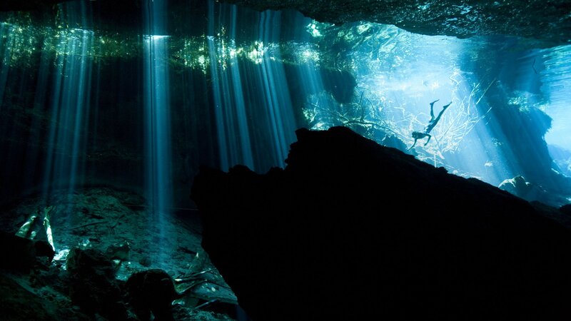 Scuba Diver in Cave — Blue, Dramatic, Photograph