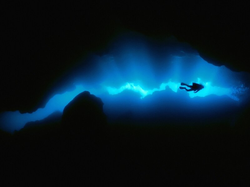 Scuba Diver in Cave — Blue, Dramatic