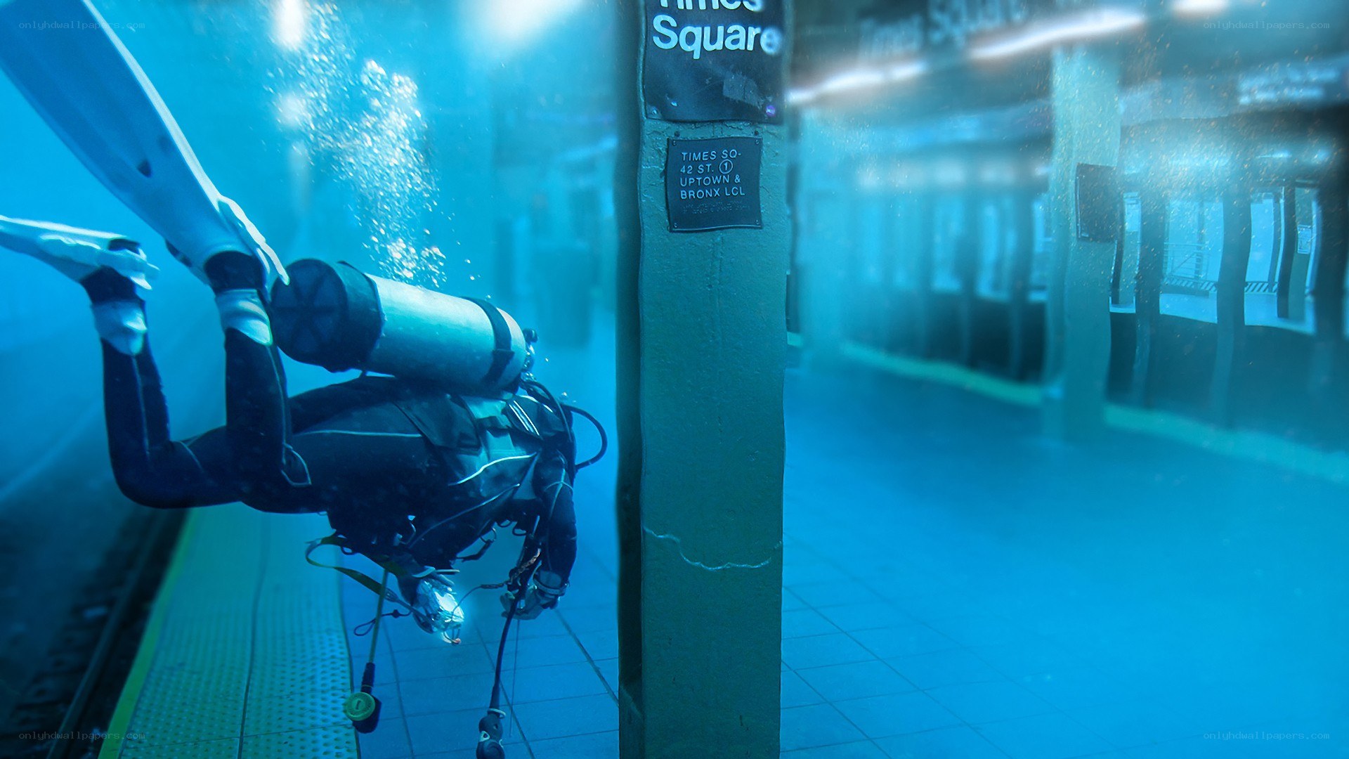 scuba diver in flooded subway