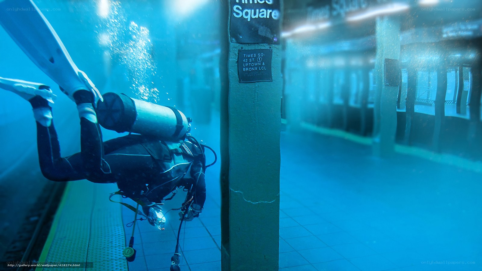 Scuba diver in flooded subway