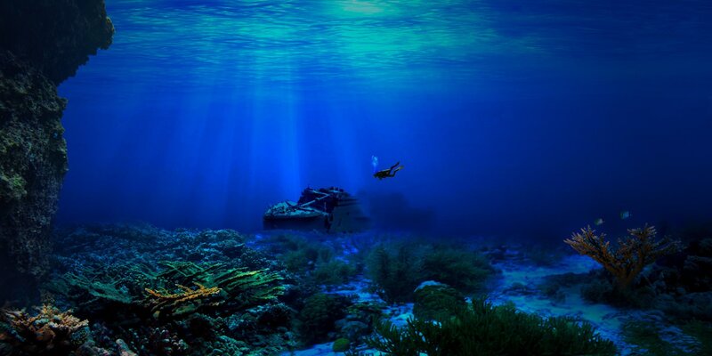 Scuba Diver Near Shipwreck — Blue