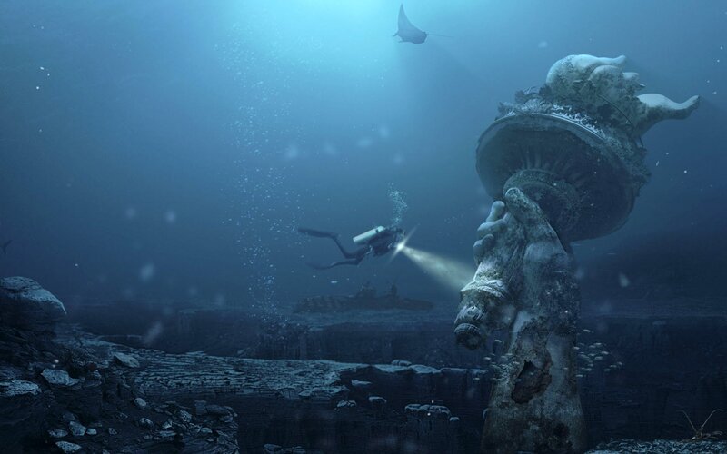 Scuba Diver Near Statue