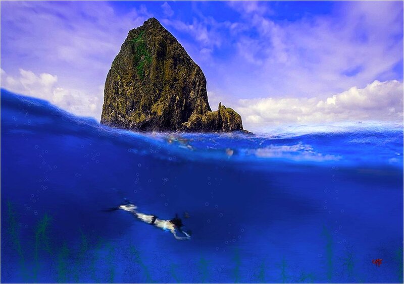 Scuba Diver Underwater — Blue, Serene, Afternoon, Digital Art